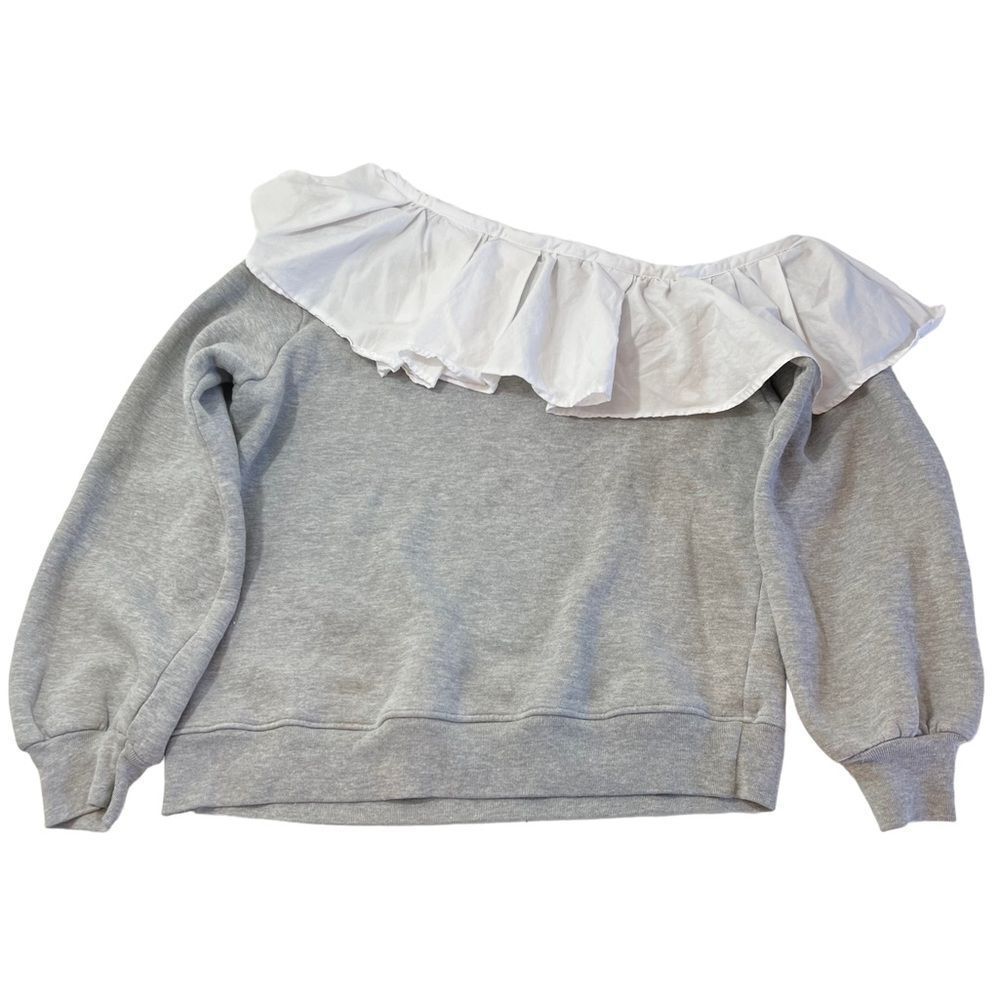 CLU One Shoulder Ruffled Sweatshirt In Heather Gray/White - Picture 9 of 10